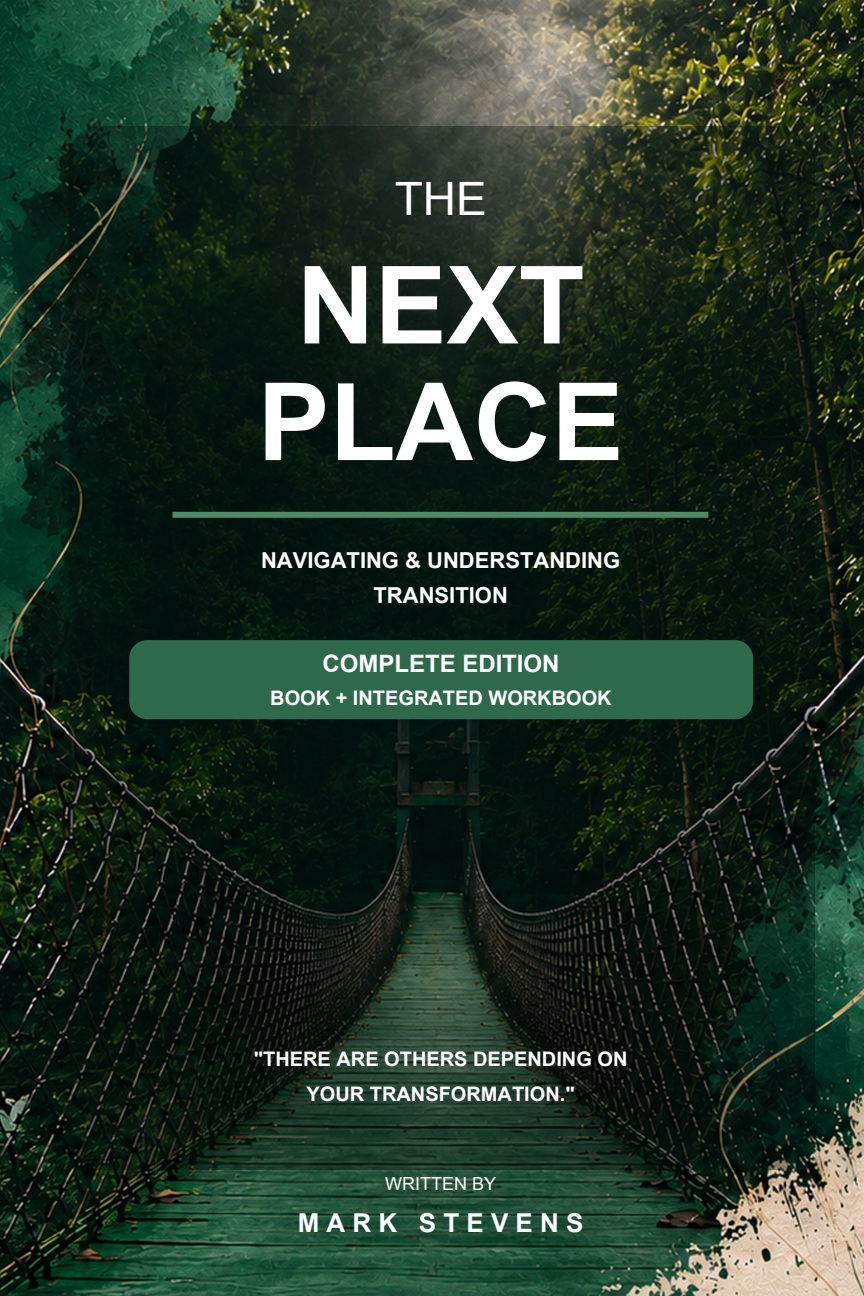 The Next Place by Mark Stevens, Complete Edition: Book and Integrated Workbook. Forest suspension bridge cover.